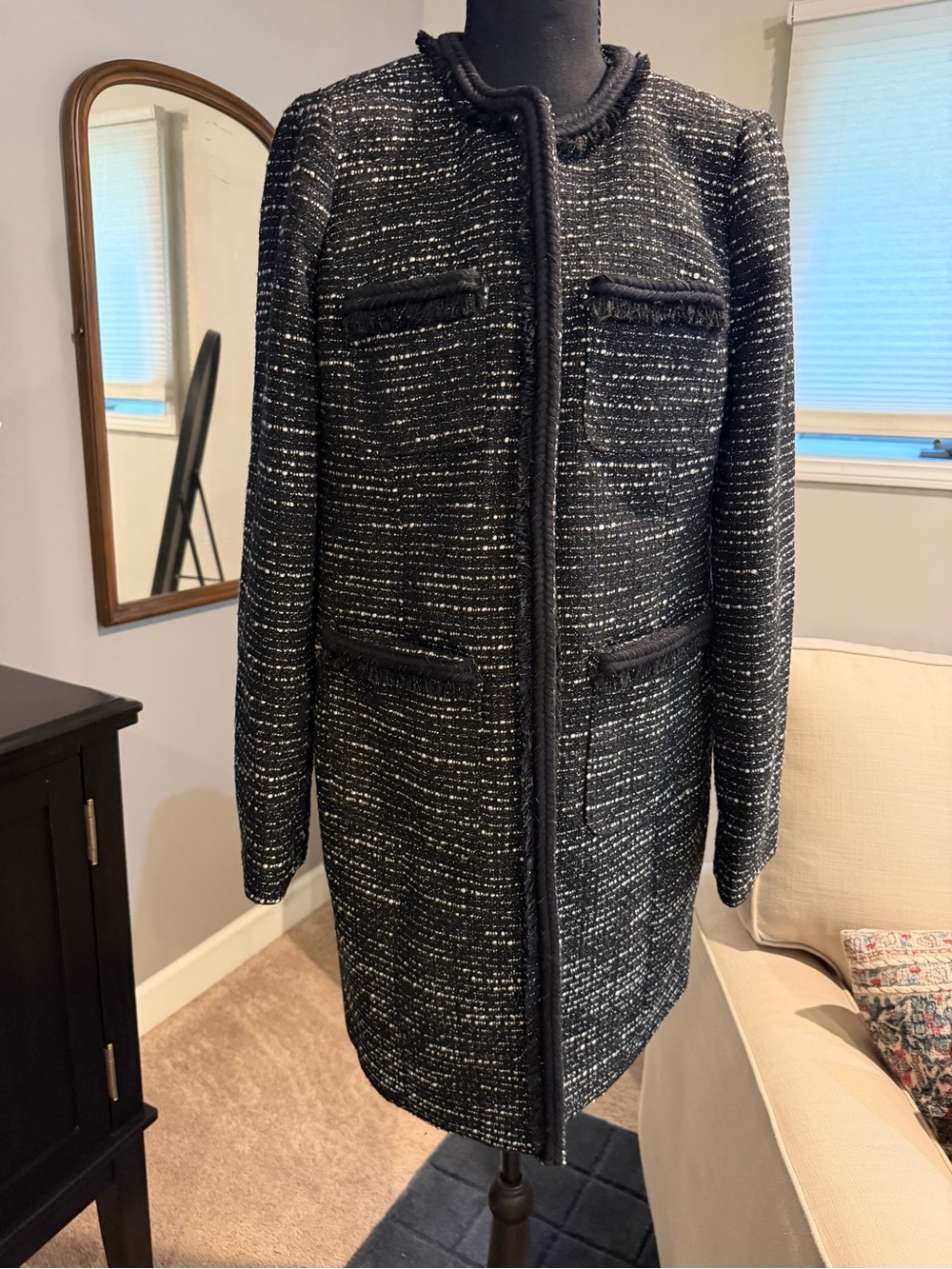 J. Crew Black Tweed Fringe-Trim Peacoat